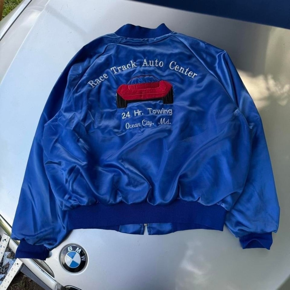 Racetrack Auto Towing mechanic shop king Louie 1970s blue satin bomber jacket